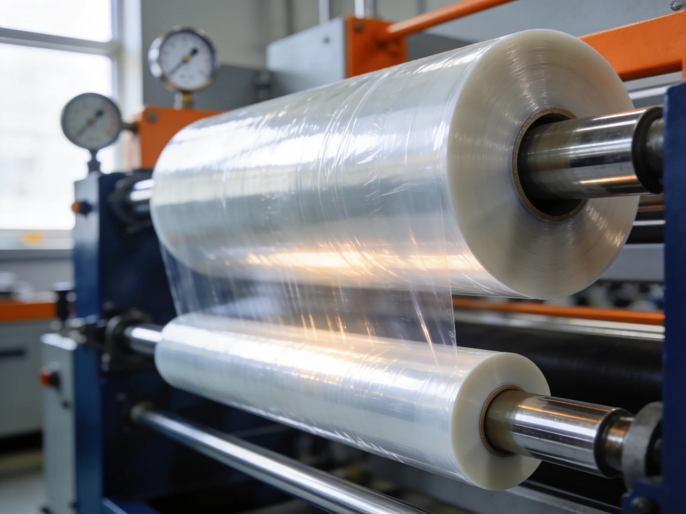 Filme stretch sendo produzido em máquina industrial